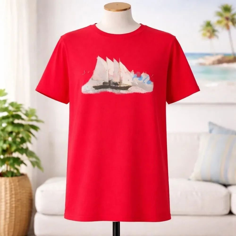 VTG Polo Ralph Lauren Red Sunset Sail Print T-Shirt Adult XL Nautical 90s XL